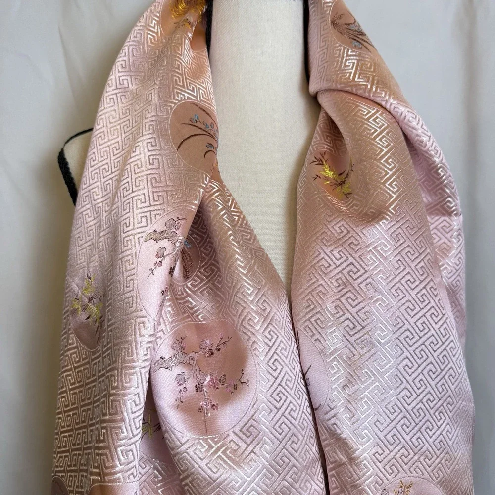 Handmade 100% Silk Floral Fringe Rectangle Scarf Pink/Gold 72x23 Women